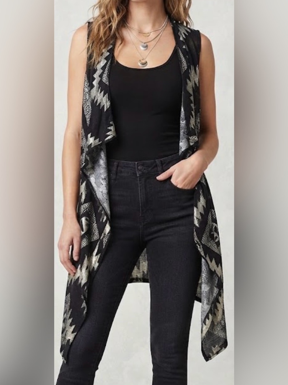 Say What? Geo Print Sleeveless Waterfall Vest | Size Large